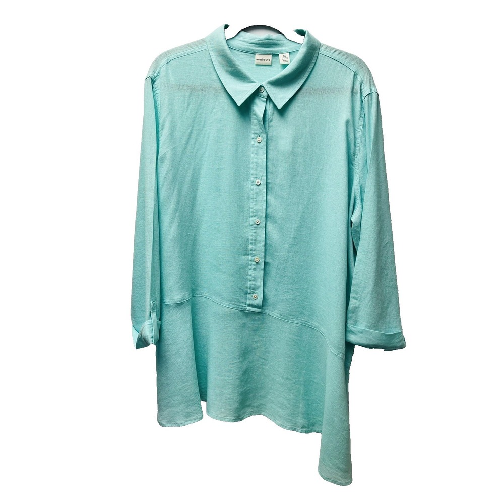 Westbound XL Turquoise Linen Tunic Asymmetric Peplum Roll Tab Boho Coastal NWT